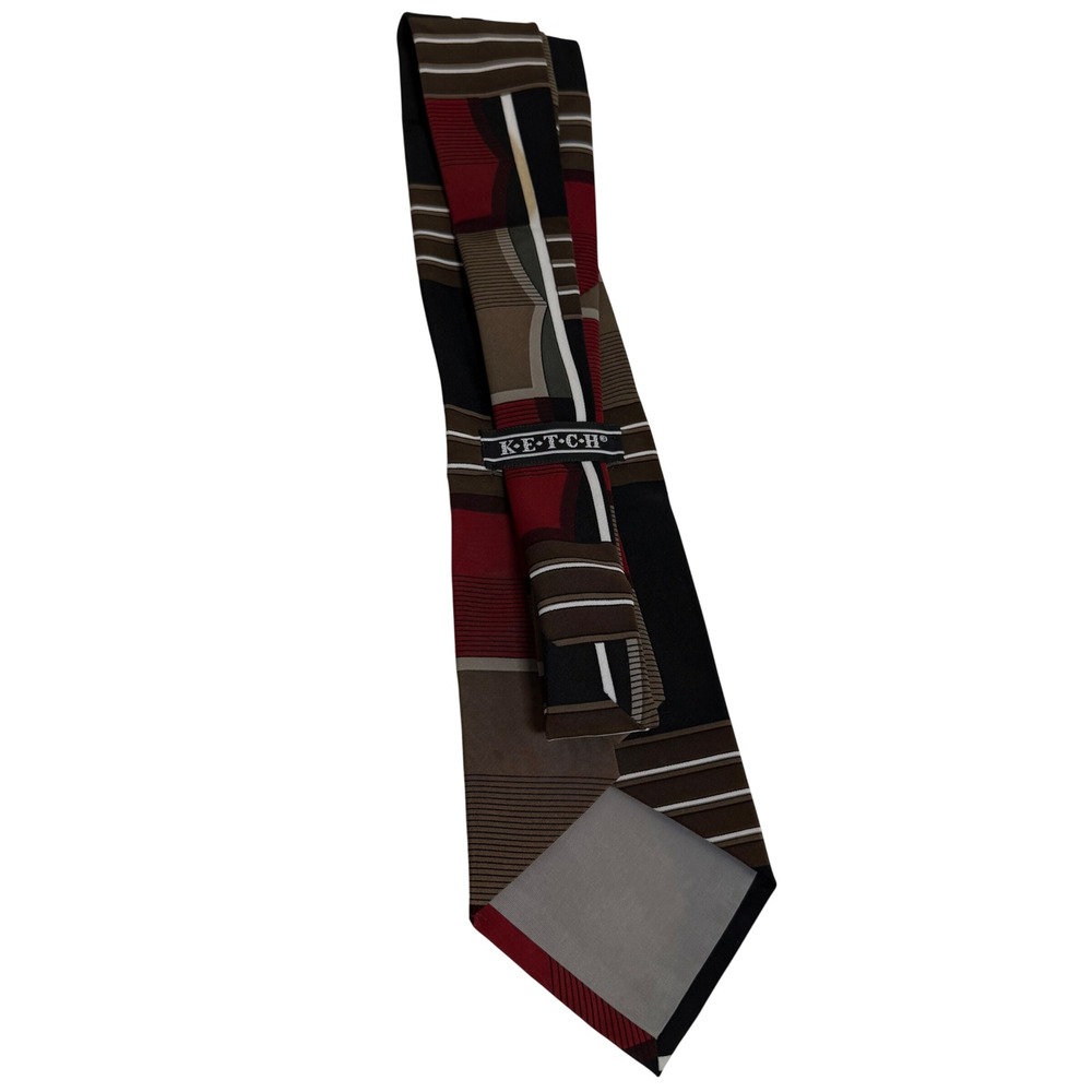 Ketch Mens Geometric Abstract Necktie Burgundy Brown Black Made in USA RN 22356 - Picture 3 of 8